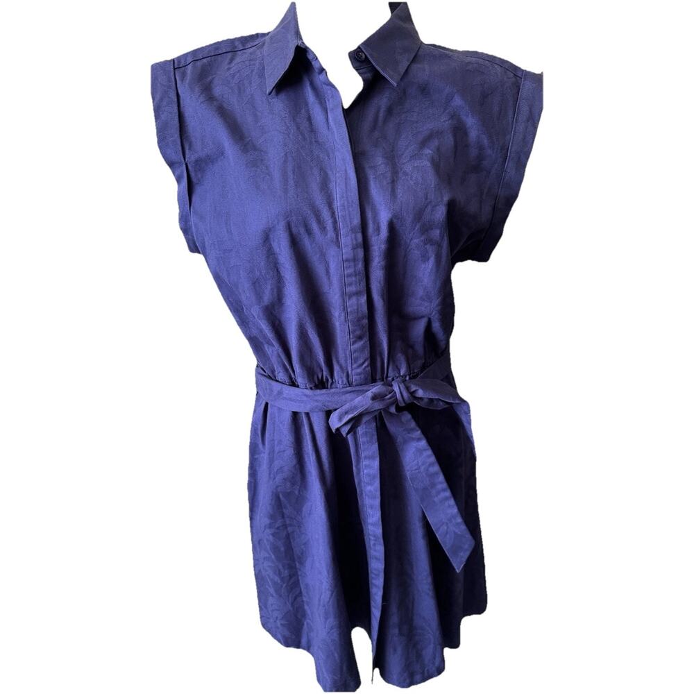 Tori Richard Honolulu Sz 12 Belted Shirt Dress Palm Leaf Jacquard Navy Blue NWT